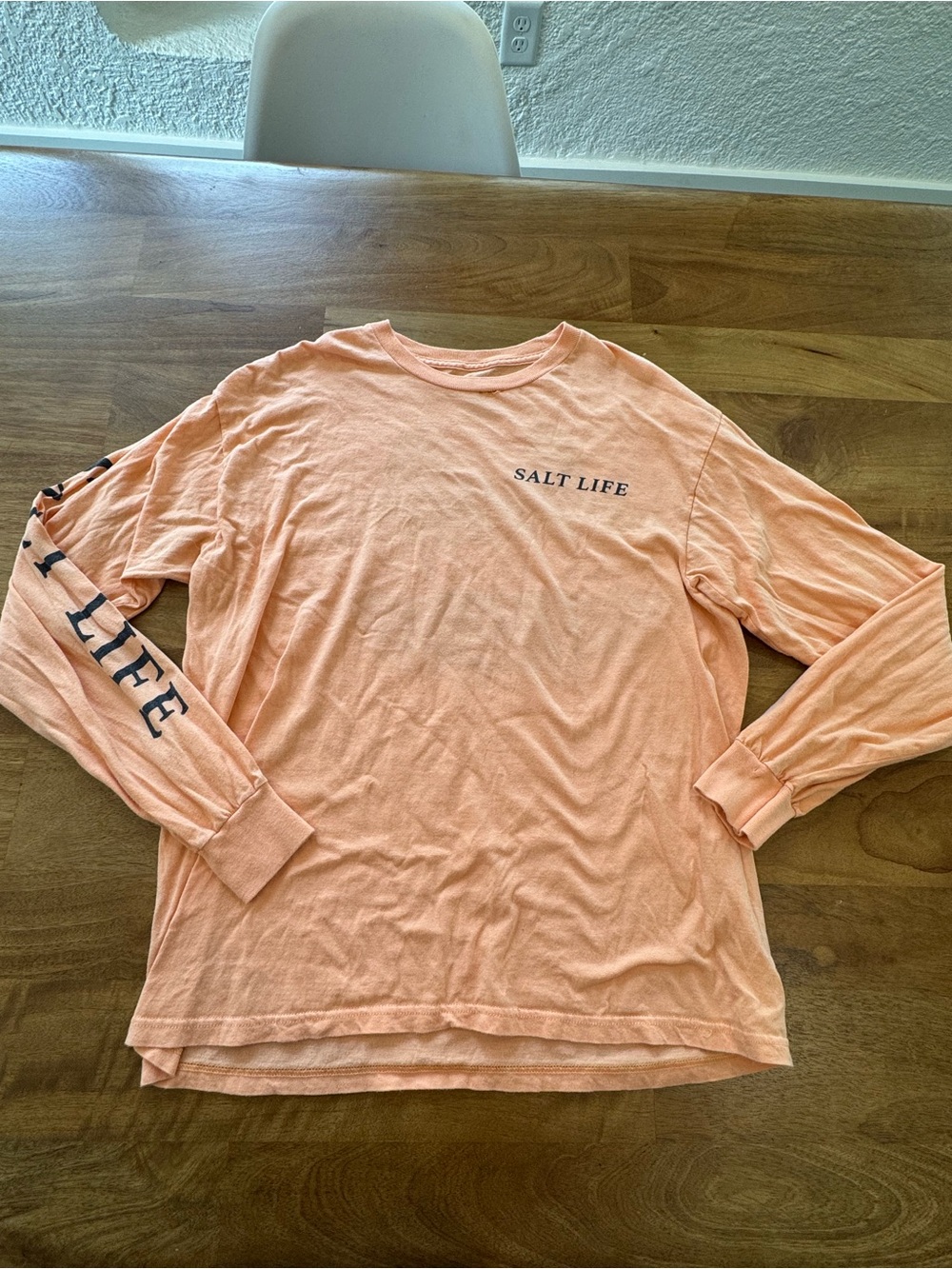 Salt Life Peach Long Sleeve Tee with Navy Lobster Logo and Branded Sleeve